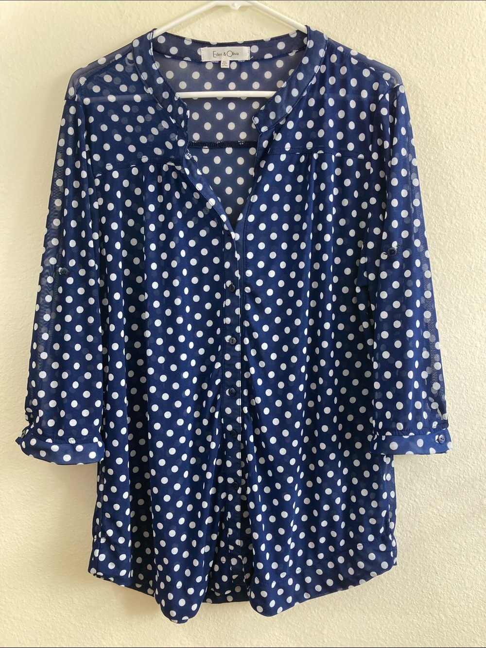 Eden & Olivia Sheer Polka Dot Blouse Size XL Blue White Roll Tab Top - Picture 8 of 15